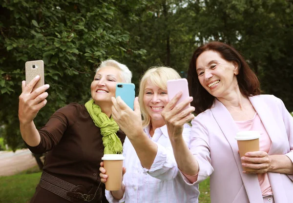 Three Cheerful Old Women Making Selfie Summer Park Lifestyle Concept — Foto de Stock