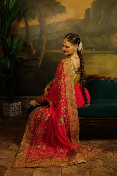 Vacker Ung Kvinna Traditionell Indiansk Klänning Och Smycken — Stockfoto