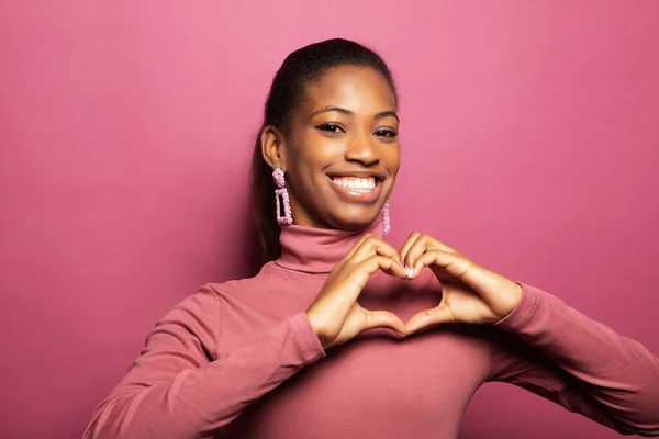Young African American Woman Confesses Love Makes Heart Gesture Shows — Stock Photo, Image