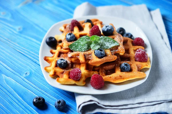 Good Morning Waffles Blueberries Raspberries Breakfast Blue Wooden Table — Stock Fotó