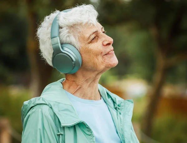Elderly Woman Headphones Listens Music Park Concepts Elderly Seniority Wellness — Stock Photo, Image