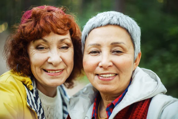 森へのトレッキング中に楽しい時間を過ごしている多人種の笑顔の高齢女性 スマートフォンで自画自賛 — ストック写真