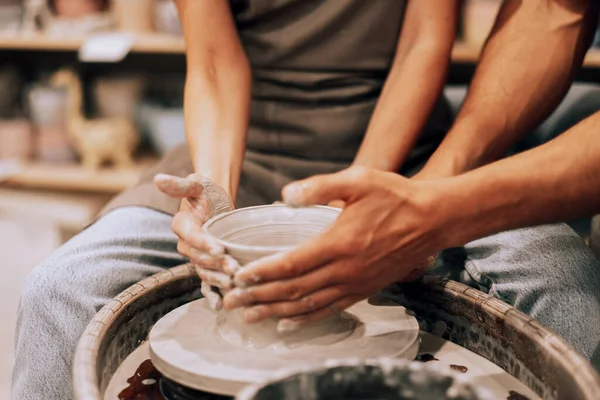 Couple Mold Ceramic Vase Pottery Workshop Hands Close Hobby Concept —  Fotos de Stock