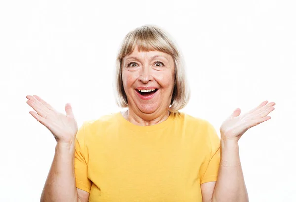 Lifestyle Emotion People Concept Senior Surprised Woman Wearing Yellow Shirt — 图库照片