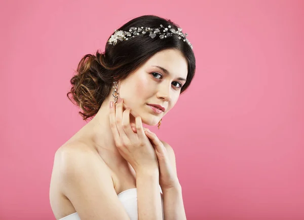 Jewelry Luxury Wedding People Concept Young Bride Gorgeous Diadem Her — Foto de Stock