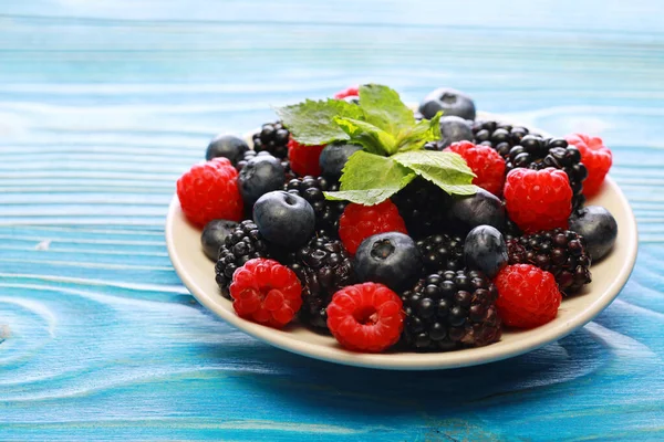 접시에 열매들이 블루베리 블랙베리 라즈베리는 맛있는 패스트 베리입니다 — 스톡 사진