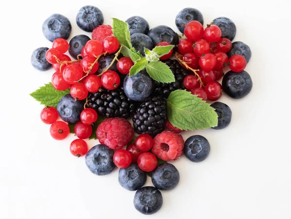 Mix Berries Leaf Shape Heart Various Fresh Berries Isolated White — Stock Photo, Image