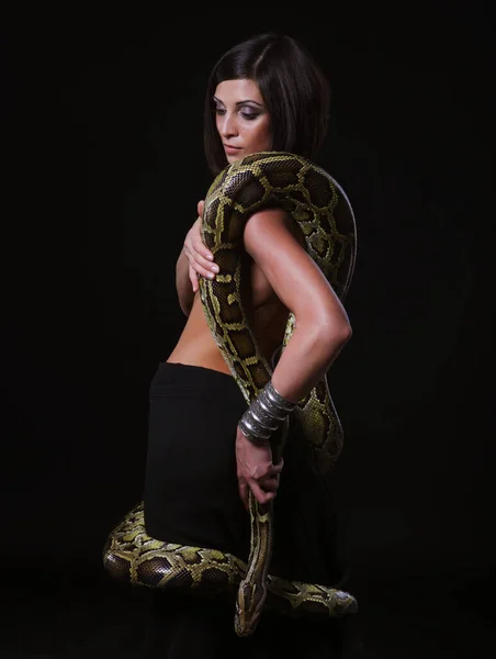 Sexy Morena Mulher Segurando Python Sobre Fundo Preto Conceito Moda — Fotografia de Stock