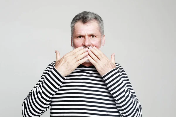 Portrait Elderly Man Horror Covering His Mouth His Palms Pensioner — Stock Photo, Image