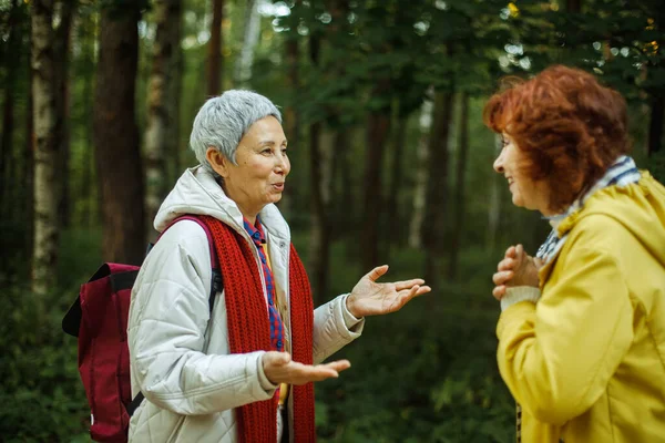 Életmód Érzelem Női Barátság Koncepció Vidám Nyugdíjas Női Barátok Beszélgetnek — Stock Fotó