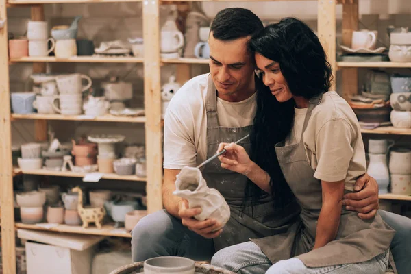 Young Lovely Couple Works Pottery Workshop Painting Vase Concept Hobbies — Photo