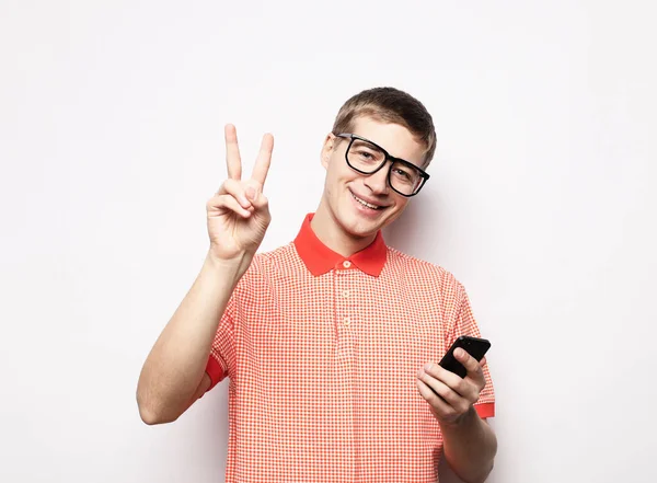 Happy Young Man Shirt Gesturing Smiling While Talking Mobile Phone — Stock Photo, Image