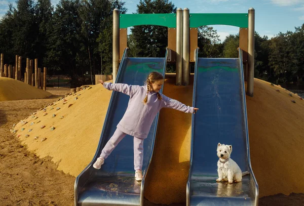Jähriges Mädchen Spielt Mit Ihrem Weißen Welpen Auf Dem Spielplatz — Stockfoto