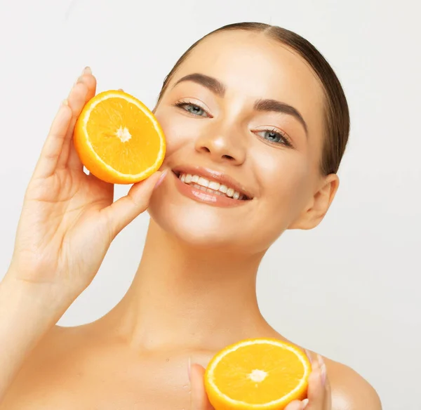 Naranja Belleza Cara Mujer Estudio Con Una Sonrisa Para Resplandor — Foto de Stock