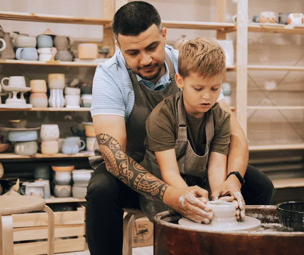 Pottering Son Confident Young Man Little Boy Making Ceramic Pot — Stock Photo, Image