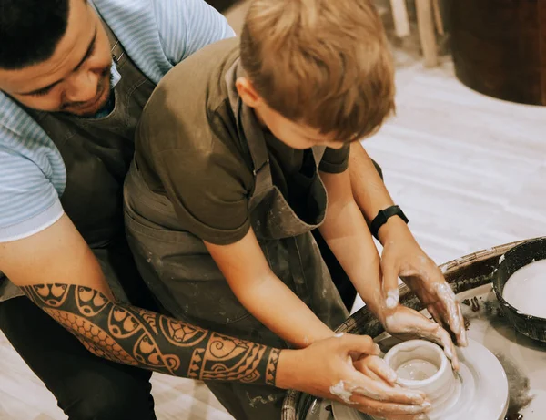 Pottering Son Confident Young Man Little Boy Making Ceramic Pot — Stock Photo, Image