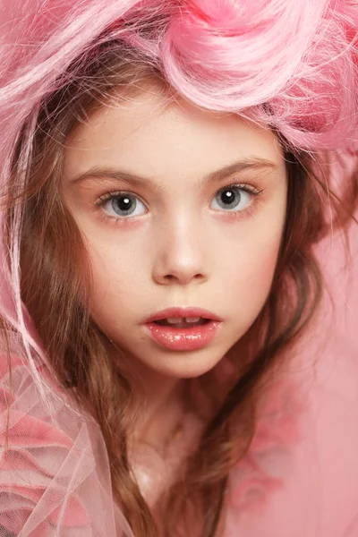 Pretty Child Girl Pink Dress Princess Pink Hair Makeup — Stock Photo, Image