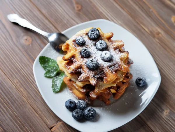 Waffles Blueberries Raspberries Breakfast Wooden Table Close — Stock Photo, Image