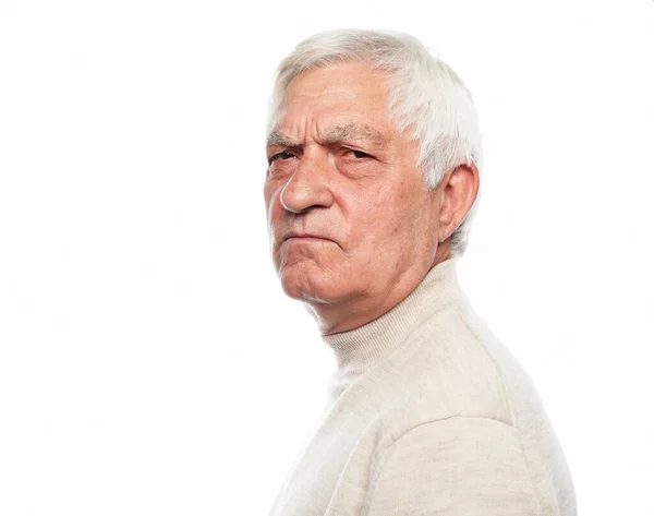 Senior Man Gray Hair Frowns Looks Displeased White Background Close — Stock Photo, Image