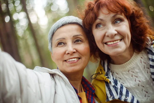 Multiraciala Äldre Kvinnor Har Roligt Vandringsdagen Skogen Och Göra Selfie — Stockfoto