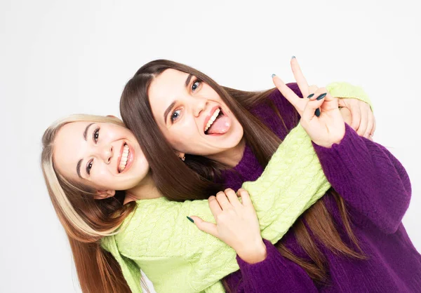 Studio Shot Two Happy Young Women Friends Isolated White Grey — Stock Photo, Image