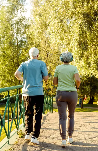 Smiling senior couple jogging in the park. Back view. Healthy lifestyle concept.