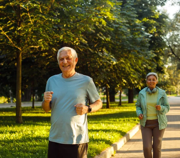 Smiling senior couple jogging in the park. Healthy lifestyle concept.