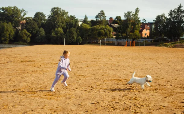 A seven-year-old girl with pigtails plays with a west highland white terrier on the beach near the lake. Lifestyle concept.