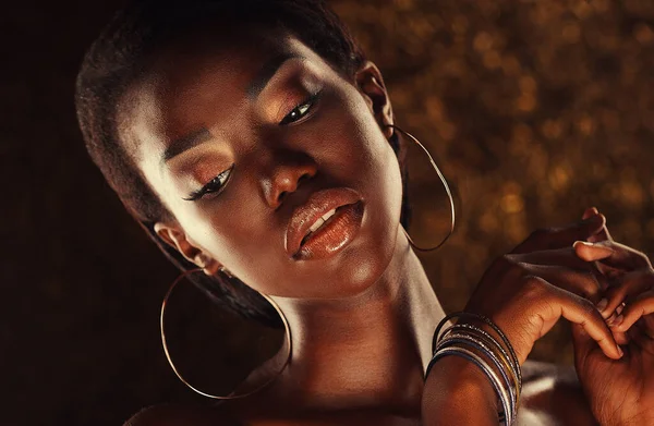 Beauty Portrait Sensual African Woman Gold Background Close — стоковое фото