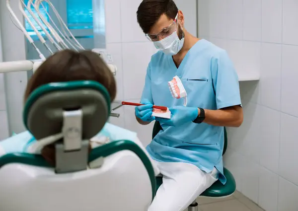 Young Male Dentist Shows Dentures Bracket Her Hands Patient False — Stock Photo, Image