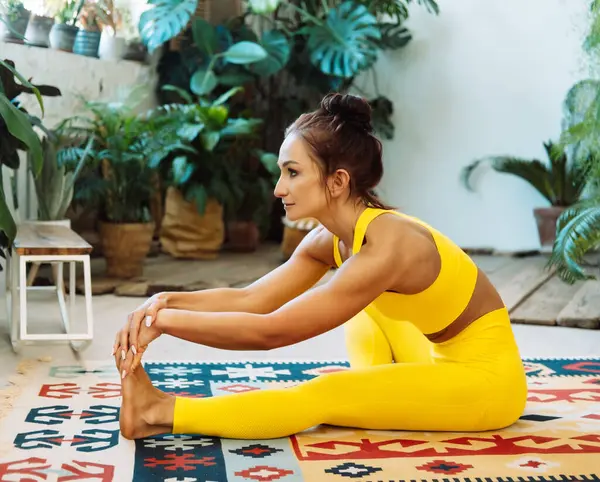 Esmer bir kadın şehir ormanlarında yoga yapıyor. Yoga yapan bir kadın ve evde pilates yapıyor..