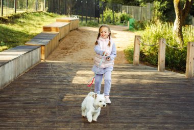 Sonbahar parkında beyaz köpeğiyle oynayan yedi yaşındaki sarışın kız, yaşam tarzı konsepti..