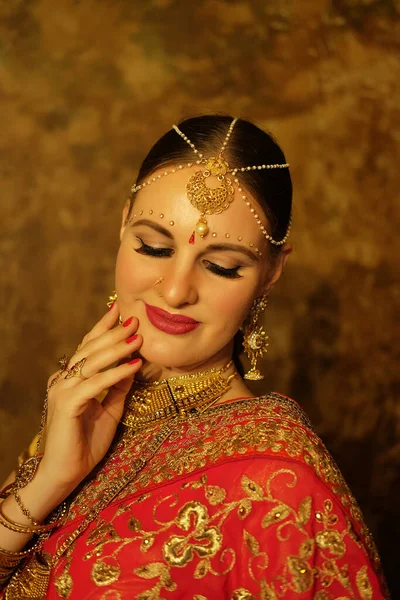 Lovely Young Woman Wearing Traditional Indian Red Sari Jewelry Beauty — Stock fotografie
