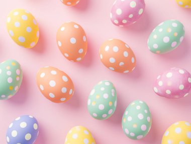 Mutlu Paskalyalar. Pembe arka planda el yapımı Paskalya yumurtaları. Düz yatıyordu. Üst görünüm.