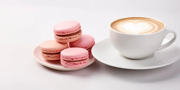 Buongiorno Buon Giorno Messaggio Concetto Una Tazza Caffè Con Macaron — Foto Stock