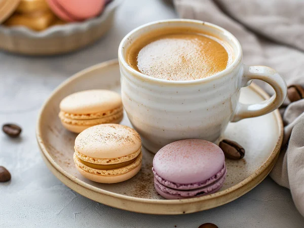 Une Tasse Café Des Macarons Frais Colorés Gros Plan — Photo