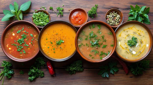 Masada çeşitli çorbalar ve ahşap arka planda malzemeler var.