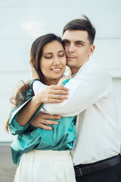 Young Couple Love Different Nationality Hugging River Asian Woman European Royalty Free Stock Photos