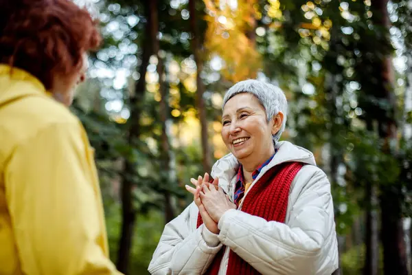 Two Cheerful Pensioner Female Friends Tallking Laughing Autumn Park Royalty Free Stock Photos