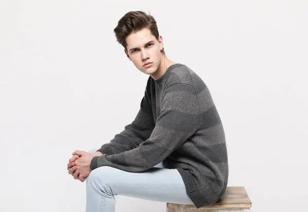 Joven Modelo Masculino Guapo Usando Suéter Retrato Sobre Fondo Gris Imagen de archivo