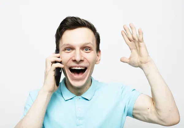 Happy Young Handsome Man Holding Phone His Ear Listening News — Stock Photo, Image
