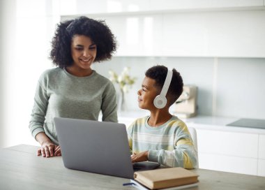 A young mother helps her son with his homework. The boy looks at the laptop. Lifestyle concept.