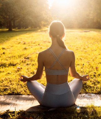 Genç sarışın kadın sabah parkında yoga yapıyor, altın saat. Arkadan bak. Spor, sağlık ve yoga konsepti.