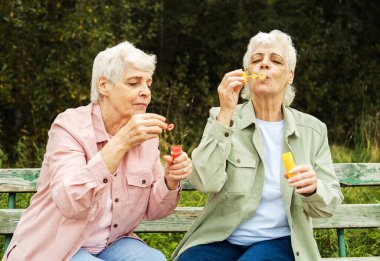 Bir yaz parkında sabun köpüğü üfleyen iki yaşlı kız kardeş, yaşam tarzı konsepti..