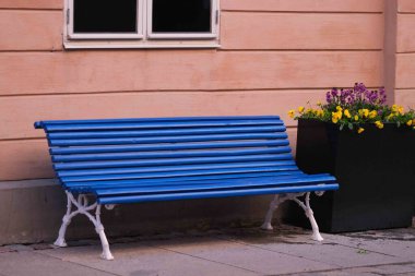 Mavi bir park tezgahının önünde.