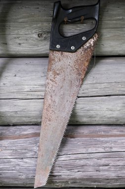 Eski paslı testere duvara bağlanmış.