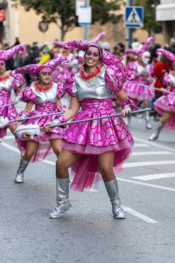 Palamos, Spain - february 19, 2023, Traditional carnival parade in a small town Palamos, in Catalonia, in Spain .