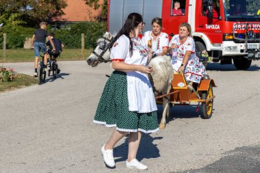 Geleneksel Macar hasat geçidi 16 Eylül 2023 'te Macaristan' ın Tapolca-Diszel köyünde. Geleneksel Macar giysileri