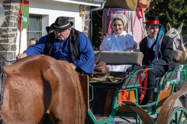 Geleneksel Macar hasat geçidi 16 Eylül 2023 'te Macaristan' ın Tapolca-Diszel köyünde. Geleneksel Macar giysileri.