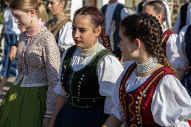 Geleneksel Macar hasat geçidi 16 Eylül 2023 'te Macaristan' ın Tapolca-Diszel köyünde. Geleneksel Macar giysileri.